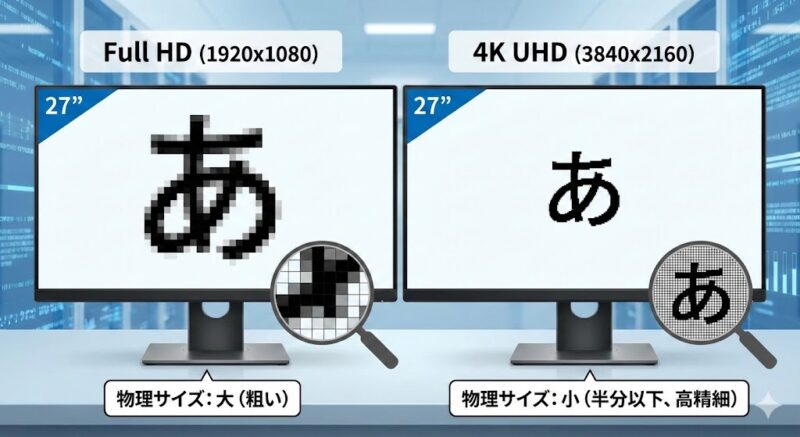 4KとFHDの画素密度比較イメージ] （文字サイズが物理的に半分以下になる視覚的比較）
