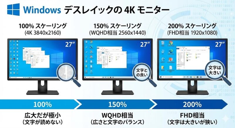 スケーリング％と実質解像度の関係図] （100%=広大だが極小 / 150%=WQHD相当 / 200%=FHD相当 の比較図）