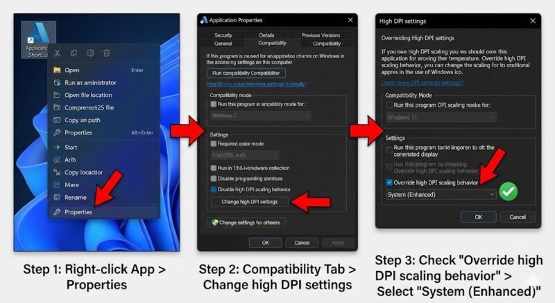 アプリの「ぼやけ」を直す高DPI設定手順] （「互換性」タブ→「高DPI設定の変更」→「システム（拡張）」の手順図解）
